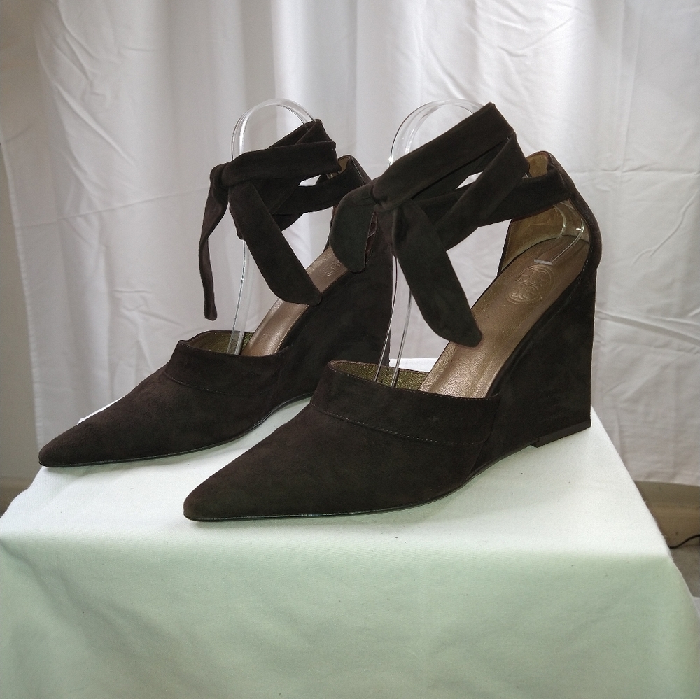 TORY BURCH BROWN SUEDE ANKLE TIE WEDGES, SZ 10. - Picture 10 of 10